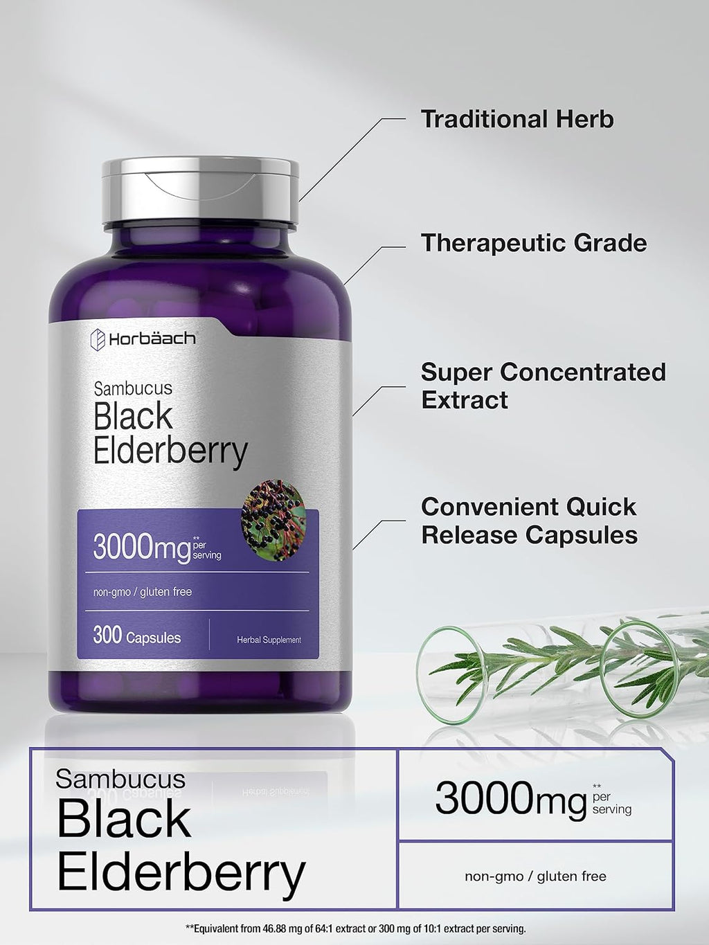 Black Elderberry Capsules 2000Mg | 300 Count | Non-Gmo, Gluten Free | Sambucus Supplement | by Horbaach