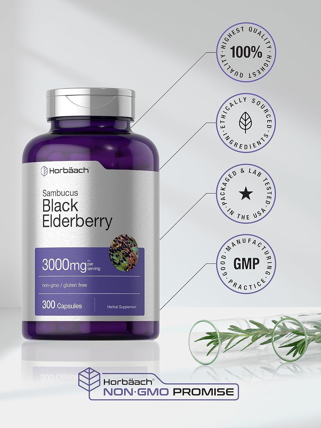 Black Elderberry Capsules 2000Mg | 300 Count | Non-Gmo, Gluten Free | Sambucus Supplement | by Horbaach